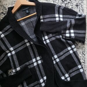 Plaid Gothic Chic Open Cardican Sweater Oversized Womens XS Black White